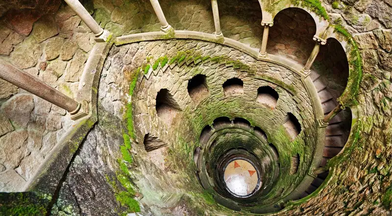 Looking down the spiral Initiation Well at Quinta da Regaleira in Sintra